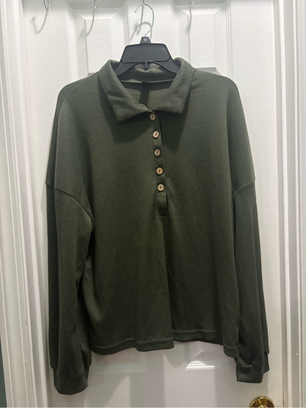 SHEIN Olive Green Button-Front Polo Waffle Knit Sweater